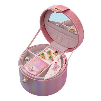 China Colorful Fashion Ladies Jewelry Storage Cylinder Suitcase Makeup Box With Tray for sale