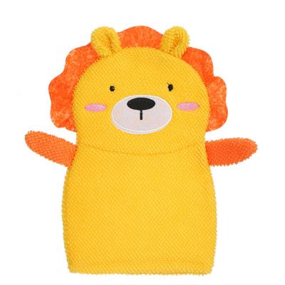 China EXFOLIATE Newest Selling Kids Bath Accessories Design Cartoon Animal Lion Exfoliating Kids Bath Glove for sale