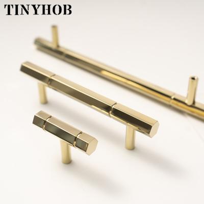 China Modern Shiny Solid Brass Gold/Hexagon Drawer Knobs T Bar Handle Dresser Pulls Sideboard Door Handle Pull Bedroom Decor C-3427 for sale