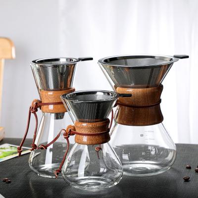 China Viable with Stainless Steel Filter Coffee Pot Carafe Brewer Pour Over Glass Heat Resistant Sharing Glass Coffee Pot for sale