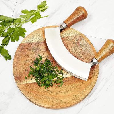 China Sustainable Customized Logo Acacia Wood Cutting Chopper Board With Mezzaluna Knife Set for sale