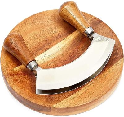 China Viable Durable Acacia Wood Mezzaluna Knife Chef and Double Round Cutting Board Blade Herb Cleaver for sale