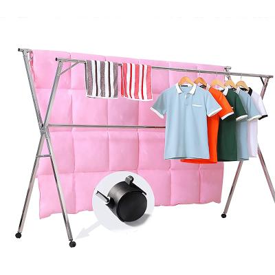 China Foldable foldable stainless steel clothes hanger, adjustable clothes hanger with 4 wheels and 10 hooks, silver for sale