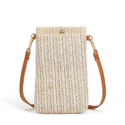 China Outdoor Phone Bag Summer Beach Travel Mobile Phone Bag Straw Shoulder Bag Purse For Women for sale