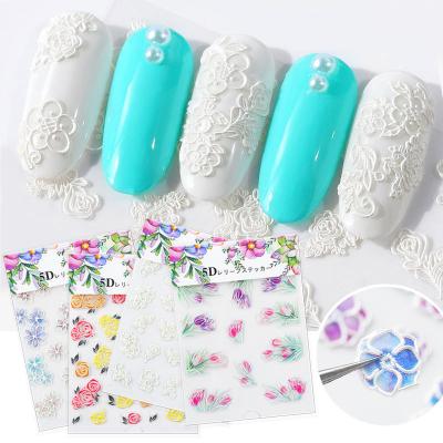 China Mix Flower 5D Plastic Sheets Nail Art Stickers Decals Colorful Hollow Nail Art Decoration Supplies Transfer Stereoscopic White Foil for sale