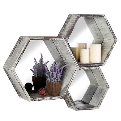 China Handmade Rustic Torched Wooden Hexagon Wall Mounted Floating Shelves With Mirrored Rack for sale