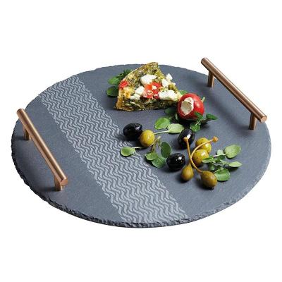 China Handmade Kitchen Craft Artesa Round Slate Serving Tray With Handles for sale