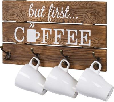 China Viable Rustic 8-Hook Brown Wood Dark But Early Coffee Sign and Cup Holder for sale