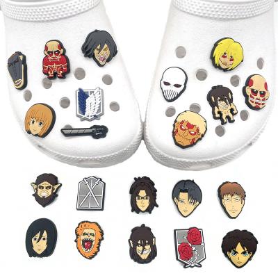 China 100pcs+Attack Hoop Charm On Titan New Designer Cheap Custom Anime Shoe Decoration One Piece Leaves Soft PVC Cartoon Hoop Shoe Fang Charms for sale