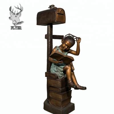 China Europe Lovely Outdoor Decoration Mailbox Girl Reading Book Bronze Statue for sale