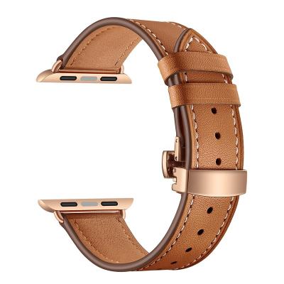 China Wholesale Soft Butterfly Buckle Watch Straps Luxury Handmade Leather Watch Band For Apple All Series for sale