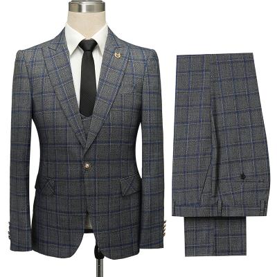 China 3 Piece Plaid Anti-Wrinkle Men's Business Suit Slim Suits Jacket Breeches Mens Casual Formal Nice Gray Vest Custom Made For Men for sale