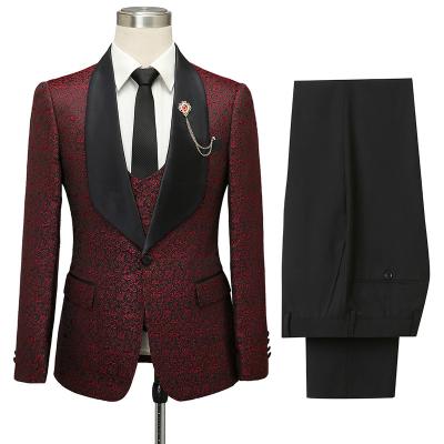 China 2020 Anti-wrinkle Fashion Wedding Men Suits Slim Fit Tuxedo 3 Piece Burgundy Prom Groom Jacket Jacquard Blazer Terno Masculino Suit Set for sale