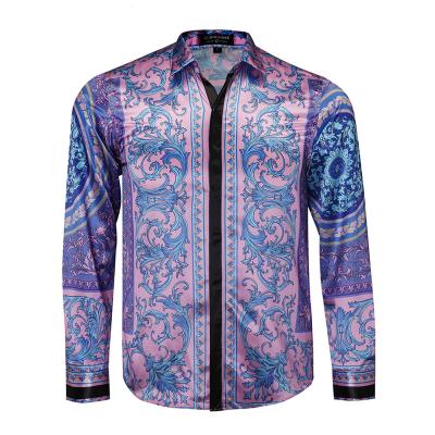 China Acetate Anti-Shrink Shirts Flower Print Long Sleeve Formal Shirts Man Slim Fit Casual High Quality Party Prom Hawaiian Style Shirts Mens for sale