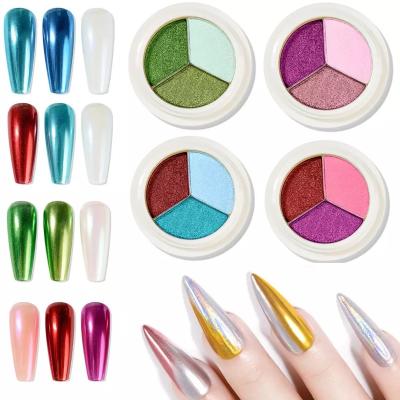 China 1Box ​​Three Colors Laser Effect Gel Powder Chrome Powder Solid Rainbow Dye Polish Plated Metallic Nail Art Powder Manicure Design for sale