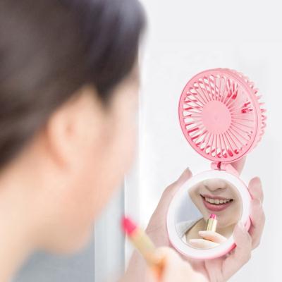 China Moving LED Lighted Make Up Mirror With Mini Fan Hand Travel Lightweight USB Techargeable Mini Air Cooling Fan for sale