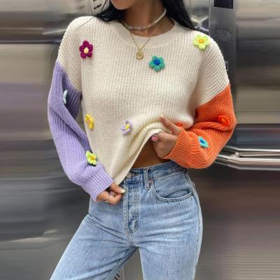 China Anti-wrinkle New arrival fashion custom knitted sweater high quality applique colour block crewneck women girls sweaters wholesale for sale