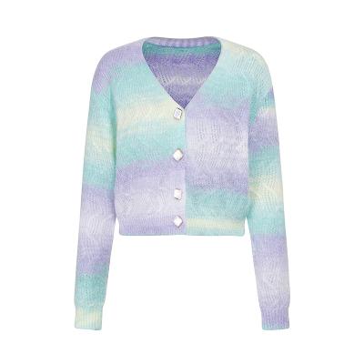 China Breathable 2023 New Wholesale Price Sweater Fashion Gradient Color Long-Sleeved Mohair Women Cardigan Sweater for sale