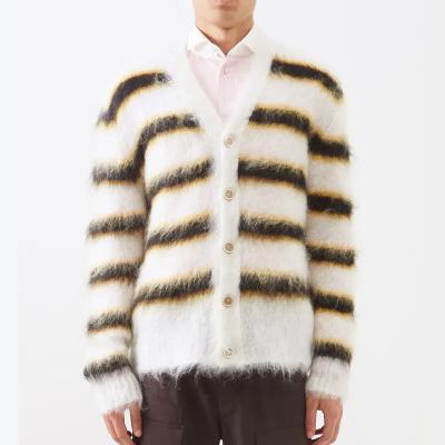 China Anti-wrinkle Custom Oem & Odm Sweaters Men Mohair Fuzzy Knitwear Long Sleeve Knit Winter Striped Mohair Cardigan Sweater Men for sale