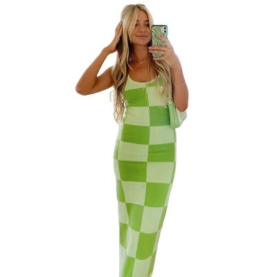 China Anti-pilling Summer New Style Temperament Casual Checkerboard Sweater Sling Knitted Long Maxi Dress Women for sale