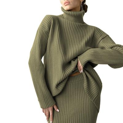 China Anti-pilling Winter New Fashion Custom Women's Warm Turtleneck Pullover Knitted Midi Skirt 2 Piece Suit Women's Skirt Sweater for sale