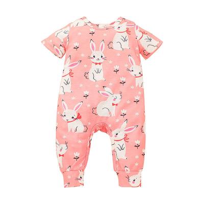 China 100% Cotton Baby Girl 100% Cotton Rabbit Printed Cute Short Sleeve One Piece Summer Romper for sale