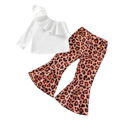 China CMY01 Girl's ruffle top leopard one shoulder casual long sleeve flared girl summer boutique clothing panties set for sale