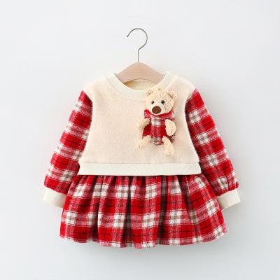 China CYB2919 Breathable Children Winter Dresses New Plush Girls Cartoon Bear Splicing Toddler Plaid Girls Dress For Girl for sale