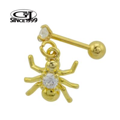 China TRENDY Gold Cartilage Piercing Chic Stylish 3D Spider with two CZ Crystal 316L Surgical Steel GNJ MANUFACTURING Body Jewelry for sale