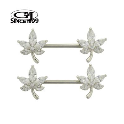 China Cute Silver Nipple Piercing Witty Leaf Clover CZ  316L Surgical Steel GNJ Custom Packaging Barcode Body Jewelry Barbell for sale