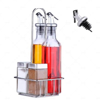 China Sustainable Combination Glass Dressing Dispenser Condiment Set Set Salt And Pepper Shakers With Convenient Release Pourer Cart Stand for sale