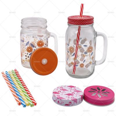 China Sustainable Wide Mouth Square Autumn Flower Decaled Mason Glass Jar With Straw And PP Metal Lid for sale