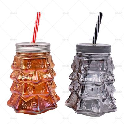 China Sustainable Cheap Custom Glass Color Spray Christmas Tree Drinkware Mason Jar Tumbler With Straw for sale