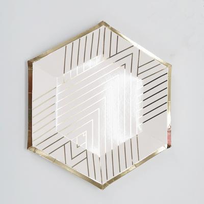 China 7inch Hexagon Style V Stripe Gold Stamping Greaseproof Disposable Paper Plates for sale