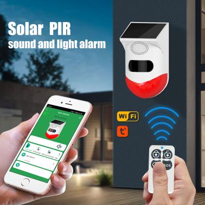 China Wifi Tuyasmart Wireless Intelligent Solar Infrared Detector Alarm System 120db Strobe 120db Outdoor Remote Control Siren PIR Motion Sensor DW-N80WR for sale