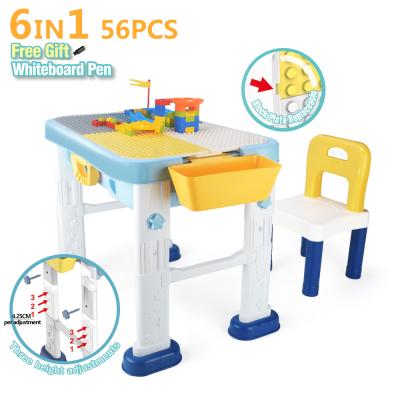 China DIY TOY Upgraded DIY 6 in 1 Adjustable Child Toddler Activity Height Table and Chair Building Set with Storage Box and 56 PCS Building Block for sale