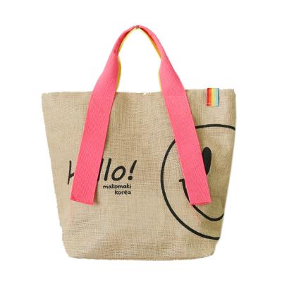 China Other KALANTA Designer Jute Tote Bags Women Casual Cotton Korean Famous Cute Smiley Logo Print Large Casual Tote Bags Ladies Handbag for sale