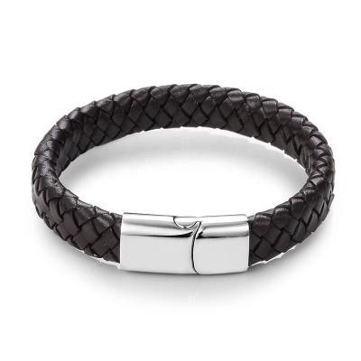 China Mens Jewelry Genuine Leather Black/Brown Braided Bangle Stainless Steel Clasp Fashion Leather Magnetic Bracelets for sale