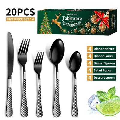 China Viable 20pcs Flatware Sets Christmas Cutlery Spoon Knife Fork Handle Plaid Set Black and Gold Stainless Steel Cutlery Set Gift Box for sale