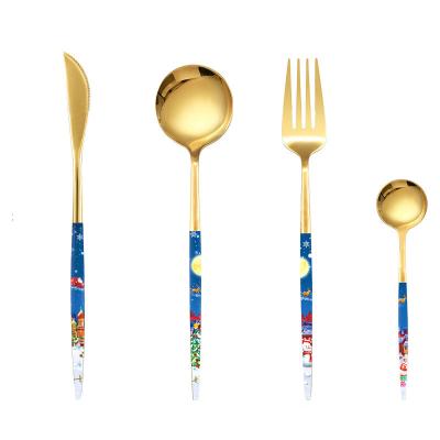 China Wholesale Viable Flatware 4PCS Kitchen Wedding Plated Gold Stainless Steel Knife Spoon Fork Cutlery Set Christmas Gift for sale