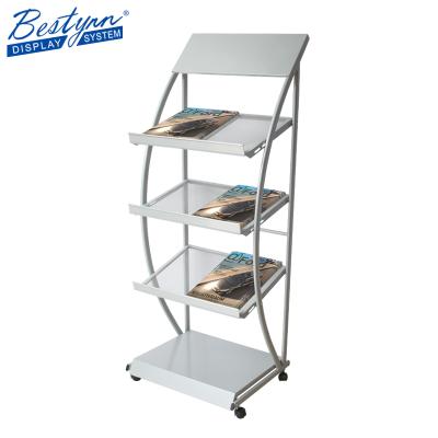 China Mobile Magazine Brochure Rolling Rack Metal Display Rack Newspaper Floor Rolling Rack for sale