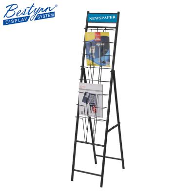 China Floor Foldable Multi-Layer Brochure Magazine Pocket Shelf Newspaper Mech Display Rack for sale