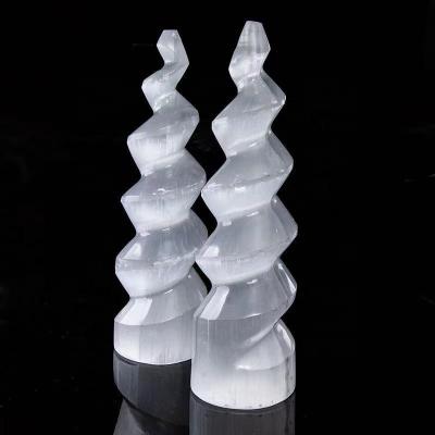 China Dong Hai Wholesale Customized Natural Selenite Point Spiral Shaped Tower Healing Clear Quartz Magic Wand On Sale for sale