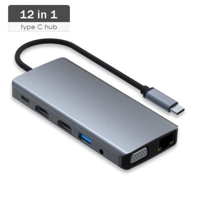 China Type-C USB C Hub Devices 12in1 USB3.1 Dual Dock Stand Up Station Tablet Enabled USB C Hub Ethernet HDMI 4K 30HZ RJ45 VGA Laptop Display for sale