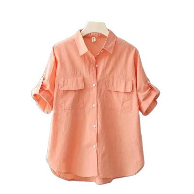 China Anti-pilling Summer New Plus Size Cotton Shorts Sleeve Shirt Woman Fashion Loose Fit Flap Pockets Blouse For Women for sale