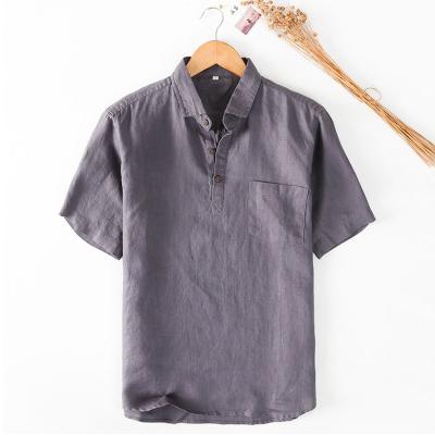 China Anti-pilling summer shorts sleeve simple style tops turn down collar 100% pure linen shirt for men for sale