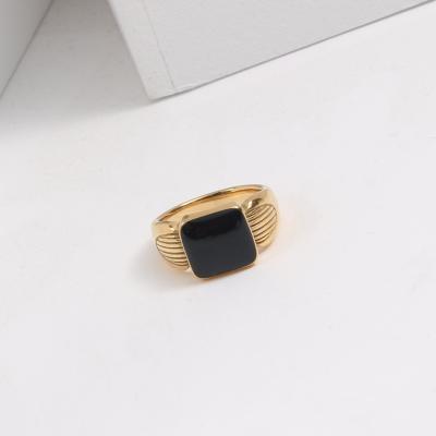 China 2022 New Design Waterproof CZ Ring Fashion Jewelry 18K Gold Plated Luxury Stainless Steel Rings Chunky Large CZ Zircon Black Stone Ring for sale