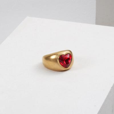 China Luxury Waterproof Jewelry Women Rings Chunky Ruby Red Heart Diamond Zircon Crystal Ring Gold Plated Stainless Steel stone for sale