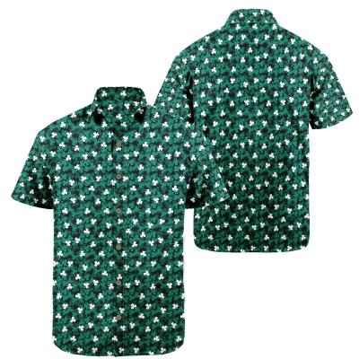 China Funky Floral Print Hawaiian Clover Shirt Men's Anti-Pilling Vacation Shirts Button Up Short Sleeve Casual Beach Green Leaves Pattern HW-OTH01 for sale