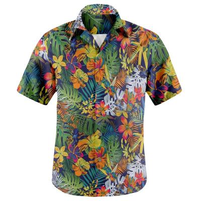 China Anti-pilling Casual Short Sleeve Lapel Short Collar Button Up Quick Dry Leisure Vacation Custom Printed Tropical Floral Hawaiian Shirt HW-TROP31 for sale